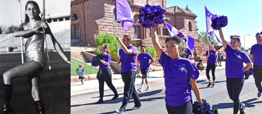 Left Image: A majorette performing
Right Image: Cheerleader squad in parade